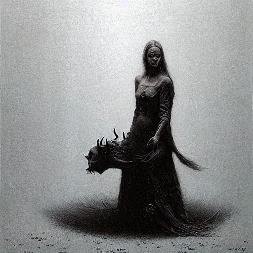 Image similar to Beauty and the Beast in style of Zdislaw Beksinski