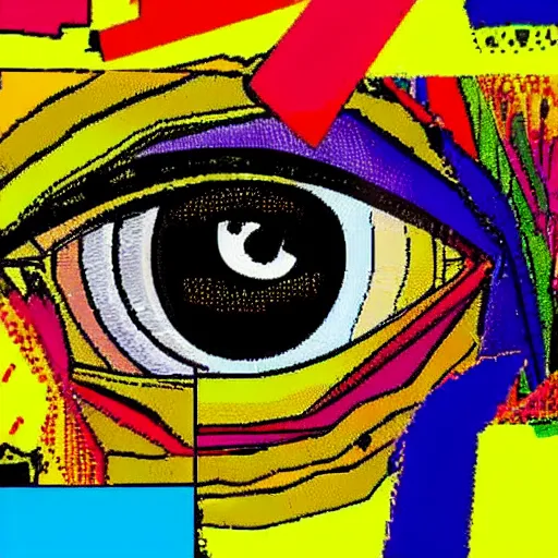 Prompt: characterized by bright garish, high chroma color, heavily pixelated, like bad computer painting app, like MacPaint or MS Paint, visually violent, Abstract collages of random images and random shapes and random cropping, It's eye catching and it's attention grabbing