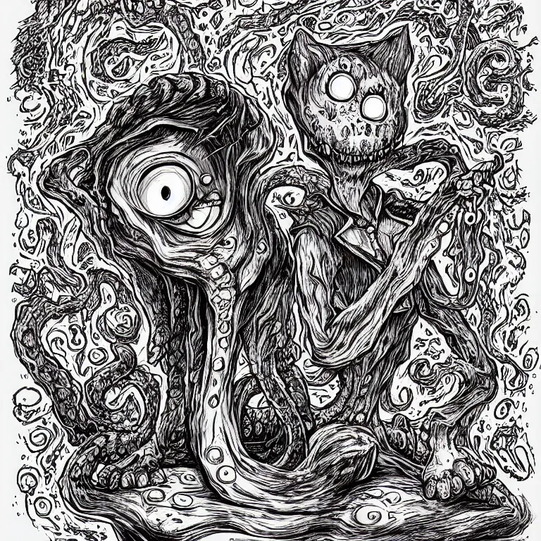 Image similar to Garfield as an eldritch abomination, illustrated by Junji Ito, Lovecraftian, digital art, line art, highly detailed