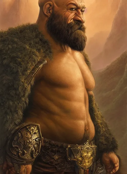 Prompt: a highly detailed symmetrical airbrush painting of a bald warrior male dwarf with long brown beard in a mountainous landscape, morning, dynamic lighting, ambient lighting, art by artgerm, mark brooks, jason edmiston, frank frazetta and glenn fabry