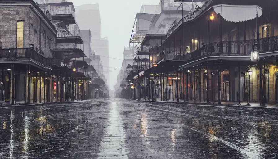 Image similar to empty bourbon street, rainy morning, wet ground, grey sky, hyperdetailed, artstation, cgsociety, 8 k