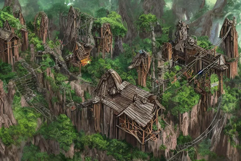 Image similar to a wood - elf village suspended high up in the redwood tree canopies, connected by rope bridges, fantasy setting, dense vegetation, very detailed, d & d concept art, 4 k