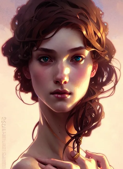 Prompt: dainty wilder face, incredibly detailed face, pretty face, light dress, true anatomy, art by artgerm and greg rutkowski and alphonse mucha