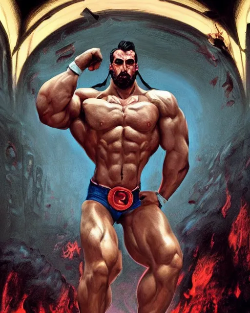 Image similar to gigachad luigi bodybuilder in hell by ilya kuvshinov, ernest khalimov body by krista sudmalis, super mario bros symmetrical face concept art, hyper realistic, intricate, elegent, highly detailed, digital painting, concept art, smooth, sharp, focus, illustration, art by artgerm and greg rutkowski and alphonse mucha, artstation