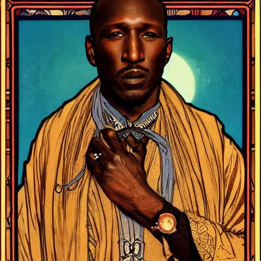 Image similar to mahershala ali portrait by louis - theophile hingre and alphonse mucha, realistic, sharp focus, zodiac signs, tarot cards, planets, ethereal, art nouveau, magic, moon, sun, crown, dreamy, royal, jewellery