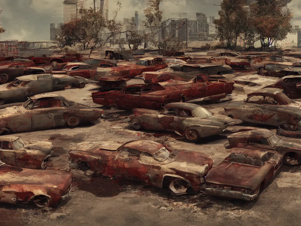 Image similar to an abandoned junkjard full of rusty dream cars from the fifties, 1 6 mm wideangle lens, volumetric lighting, octane render, artstation