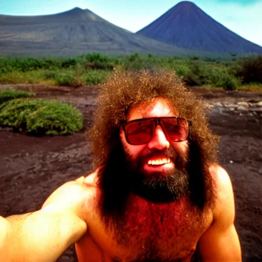 Prompt: caveman taking a selfie in front of a volcano with dinosaurs in the background, 3 5 mm film