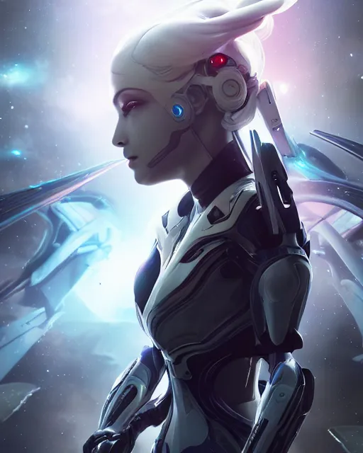 Image similar to perfect android girl on a mothership, warframe armor, beautiful face, scifi, futuristic, galaxy, nebula, raytracing, dreamy, long white hair, blue cyborg eyes, sharp focus, cinematic lighting, highly detailed, artstation, divine, by gauthier leblanc, kazuya takahashi, huifeng huang