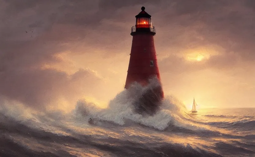 Image similar to painting of a sailing ship in a horrible stormwith big waves, lighthouse at sunset, natural light, concept art, by greg rutkowski, cozy atmospheric and cinematic lighting