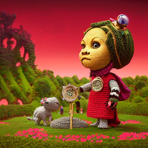 Prompt: wide angle dynamic portrait of a chibbi dogon priest in a rose garden with a red pond and a golden ornate steampunk portal, amigurumi by mark ryden and todd schorr and mark davis and zdislaw beksinski in a surreal lowbrow style, digital paint, matte paint, vivid synthwave colors, breathtaking landscape