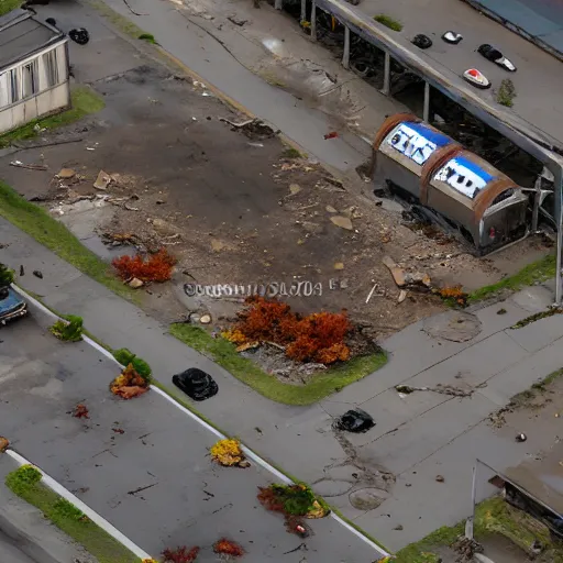 Image similar to top down aerial view of dilapidated gas - station with supermarket and shopping street in real life, desolate with zombies, dilapidated, zombies in the streets, nightmarish, some rusted style parked vehicles, sunny weather, few clouds, volumetric lighting, photorealistic, daytime, autumn, sharp focus, ultra detailed, cgsociety