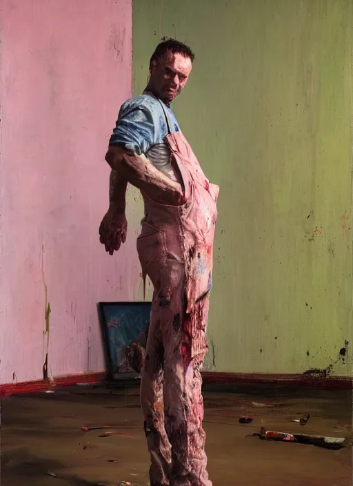 Prompt: an insane, skinny, artist wearing dirty, torn overalls, expressive painting, inside a grand messy studio, depth of field, hauntingly surreal, highly detailed oil painting, by edward hopper, adrian ghenie, glenn brown, soft light 4 k in pink, green and blue colour palette, cinematic composition, high quality octane render, masterpiece