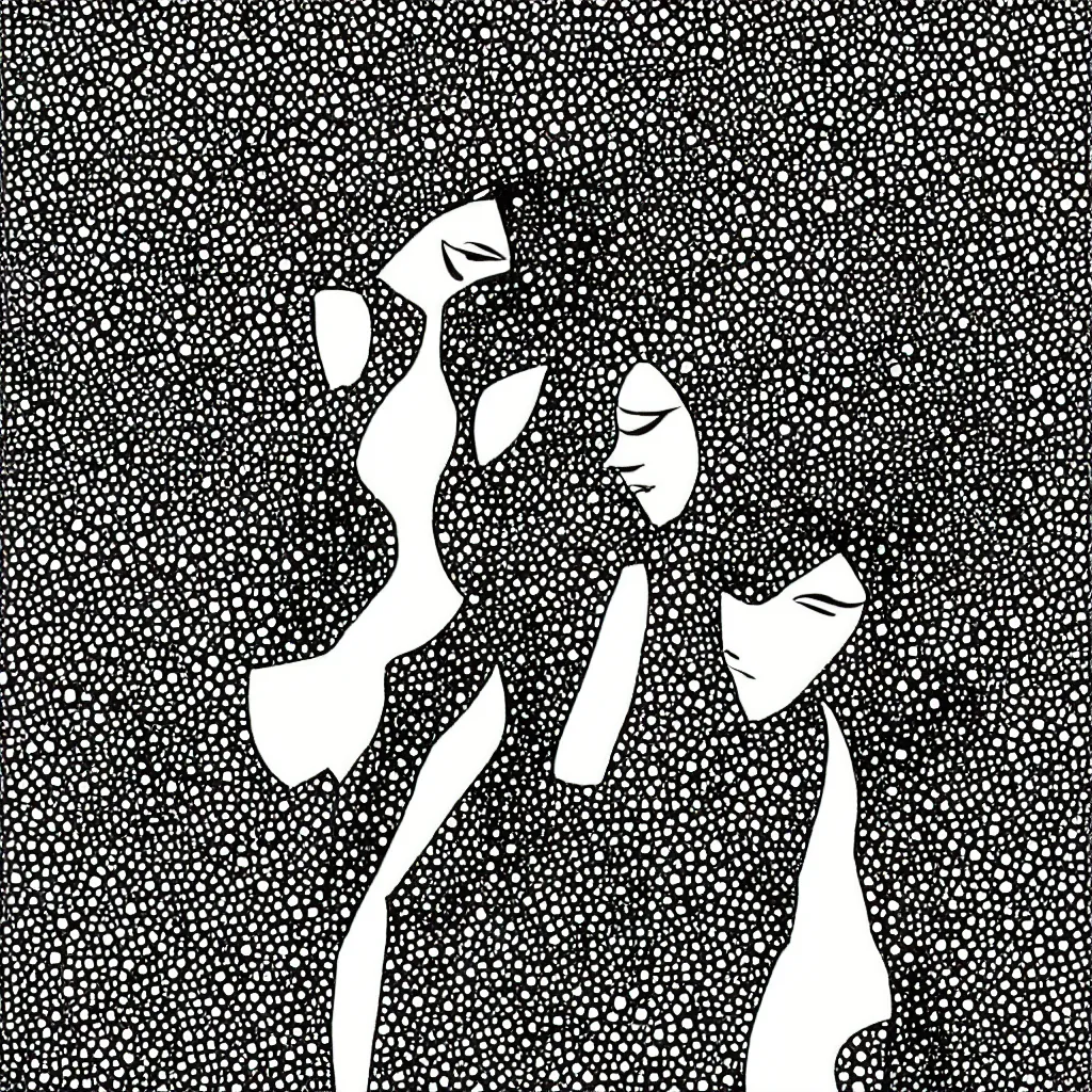 Image similar to woman, abstract, jet set radio artwork, ryuta ueda artwork, hylics artwork, ink, spots, asymmetry, stipple, lines, stippling, crosshatching, linework, pitch bending, dark, ominous, eerie, hearts, minimal, points, technical, natsumi mukai artwrok, tight