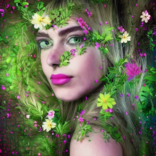 Prompt: realistic photograph of a woman with flowers growing out of skin, body horror, glitch art