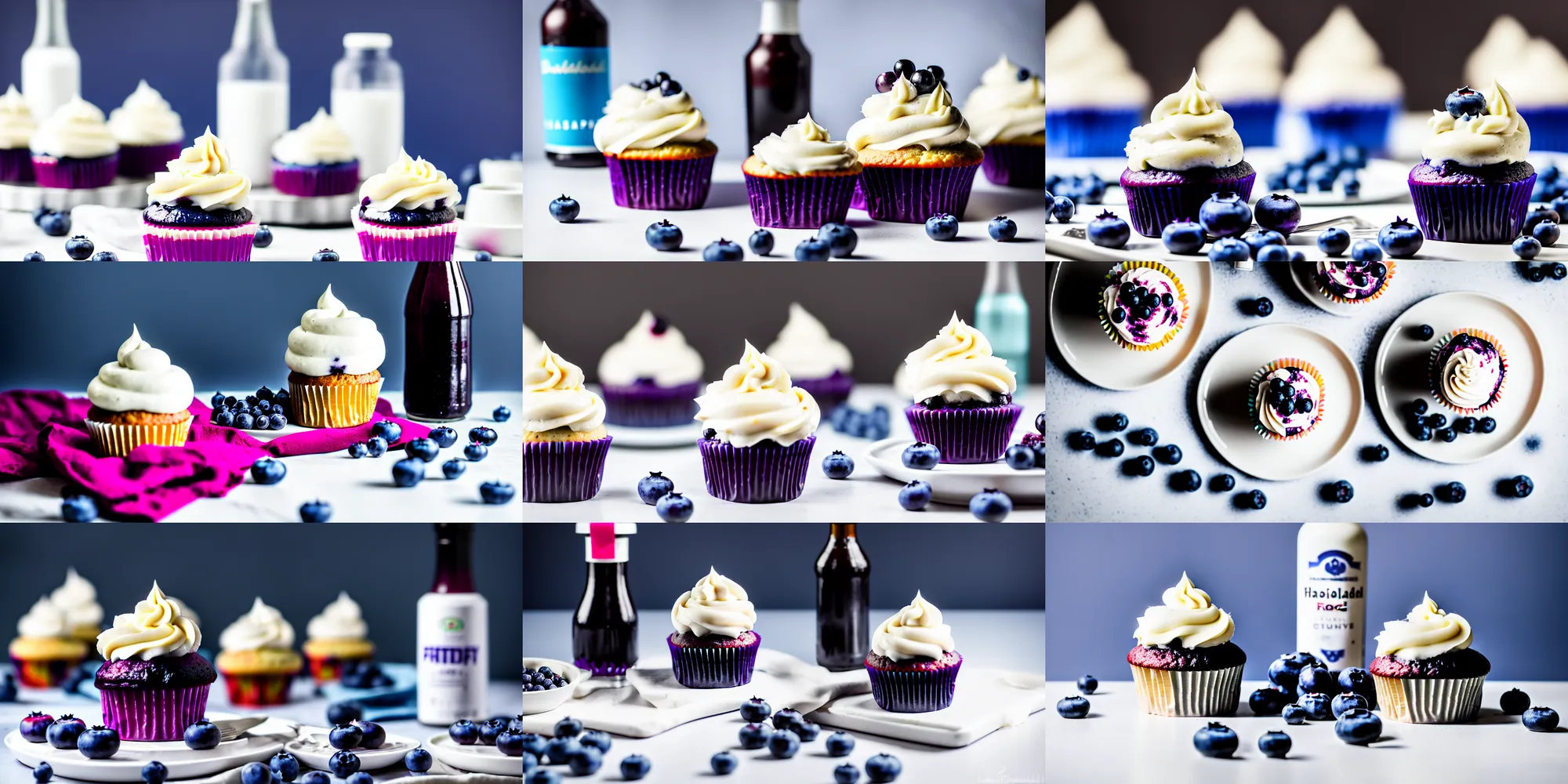 Prompt: dslr food photograph of a blueberry cupcake white creme topping and a bottle of blueberry sauce on the side, narrow shot, hasselblad, 1 0 0 mm f 1. 8