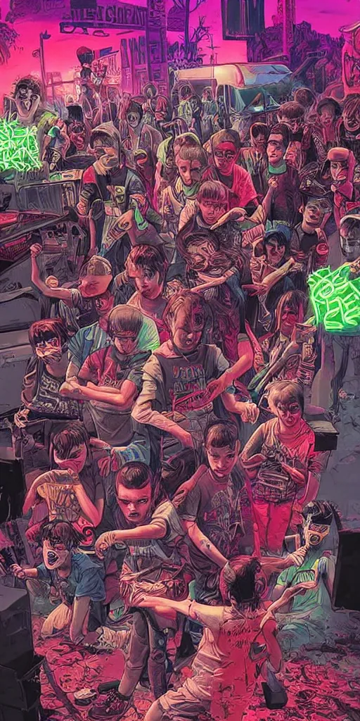 Prompt: young punk rockers fighting against zombies at the playground, by baseball bat in the retro wave stranger things style, neon colors, hyper detailed, digital art, cinematic lighting, concept art by artgerm and greg rutkowski and caravaggio and moebius and jakub rebelka