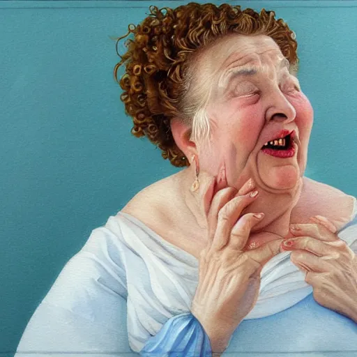 Prompt: a very funny stylize oil painting in renaissance style of a sweet fat old woman kissing her reflection. symmetry face, red mouth, blue eyes. flowery dress. hyper realistic scene. 3 d, octane render, deep focus, white scene. very funny and sweet image. unreal engine. watercolor. fellini style. pencil drawing style.