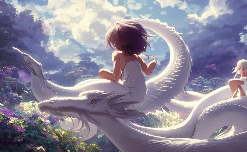 Image similar to a hyper detailed big render that a beautiful girl sitting on the back of a huge silver white dragon alone in fairyland surrounded by white clouds, finely detailed angelic face, style of studio ghibli, makoto shinkai, xision, ilya kuvshinov and artgerm, kazuki tanahashi, james jean, animation style, curve composition, ultra wide angle