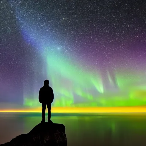 Image similar to 4K Epic Ultra HD detailed award-winning wallpaper silhouette of lonely man standing on rock looking at huge vast sky universe Milky Way aurora