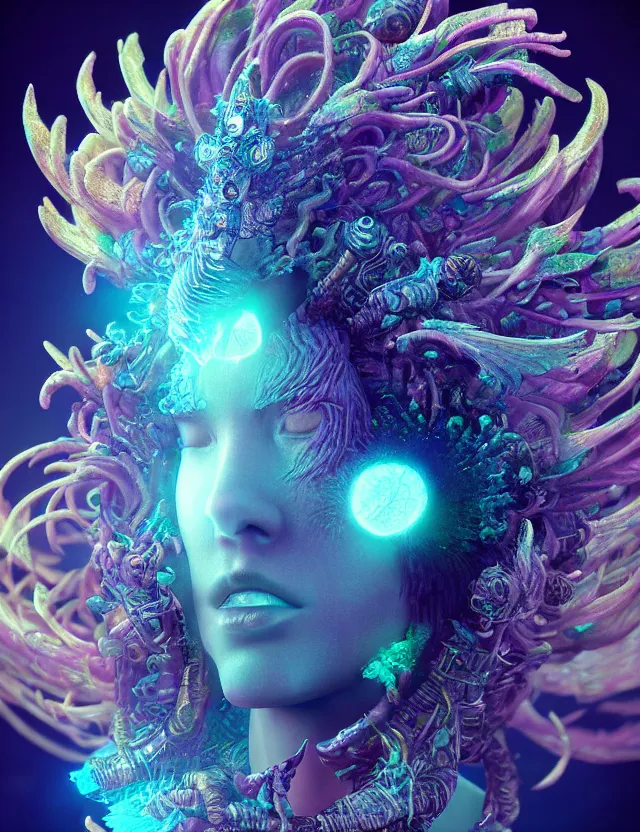 Image similar to render of goddess macro close - up portrait with crown made of phoenix ram skull. betta fish, jellyfish phoenix, bioluminiscent, plasma, ice, water, wind, creature, super intricate ornaments artwork by tooth wu and wlop and beeple and greg rutkowski