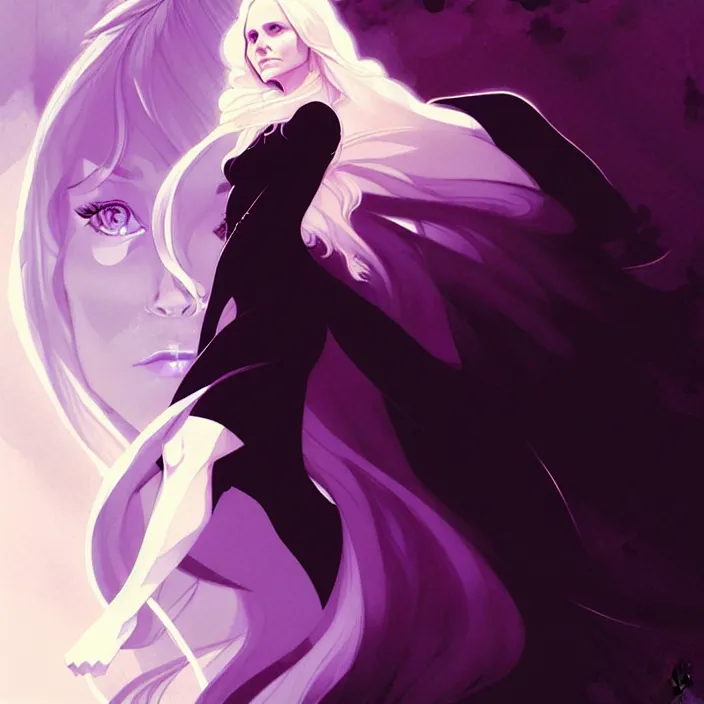 Image similar to style artgerm, joshua middleton, dean cornwell, beautiful kristen bell with black dress, very long white hair, symmetrical face, symmetrical eyes, purple fire powers fire swirling, detailed, forest setting, cinematic lighting