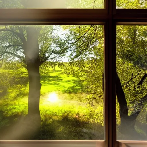 Prompt: a cinematic landscape view looking out a window into an open field, wind blows the leaves, and the sun shines through the parted clouds, a small flow of water runs through the backyard