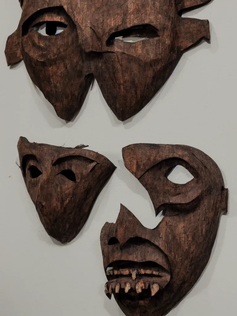 Image similar to creepy haunted mask hung on an art gallery wall. hand made out of wood and stained