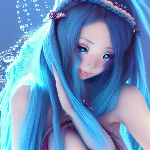 Prompt: 3D advanced digital art, a very cute and gorgeous anime woman wearing a dress made of water , full body, very long wavy azure blue hair, braided hair, azure blue watery eyes, full round face, cinematic lighting, mid-shot, highly detailed, trending on pixiv, Steven Artgerm Lau, WLOP, RossDraws, RuanJia , James Jean, Andrei Riabovitchev, Totorrl, Marc Simonetti, Visual Key, and Sakimichan
