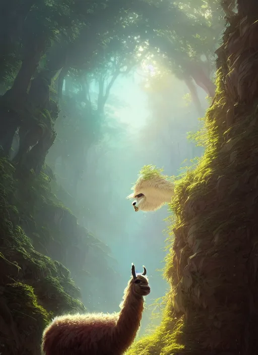 Image similar to Highly detailed portrait of Llama, Stephen Bliss, unreal engine, fantasy art by Greg Rutkowski, Loish, Rhads, ferdinand knab, Makoto Shinkai and Lois van baarle, ilya kuvshinov, rossdraws, Tom Bagshaw, alphonse mucha, global illumination, radiant light, detailed and intricate environment