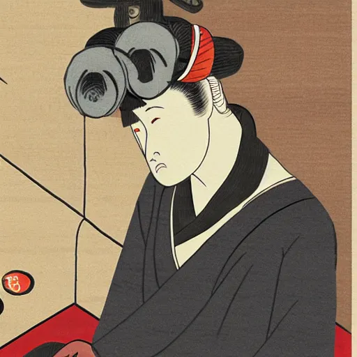 Image similar to twitch streamer forsen and his dog peppah in Ukiyo-e style, rule of thirds