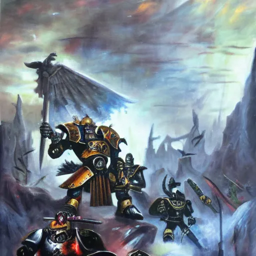 Prompt: warhammer 40k, the emperor of man fighting horus, painting, far shot
