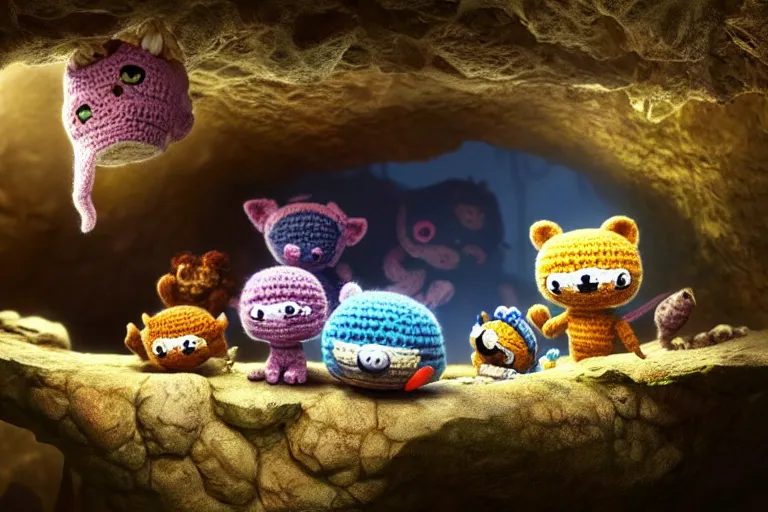 Image similar to an expedition of crochet cute animals discovering a new cave underground. cute, illustration, digital art, inspired by little big planet, by greg rutkowski, detailed, sharp, masterpiece, highly detailed, photorealistic, octane render, 8 k, unreal engine 5, trending on artstation, vivid colors