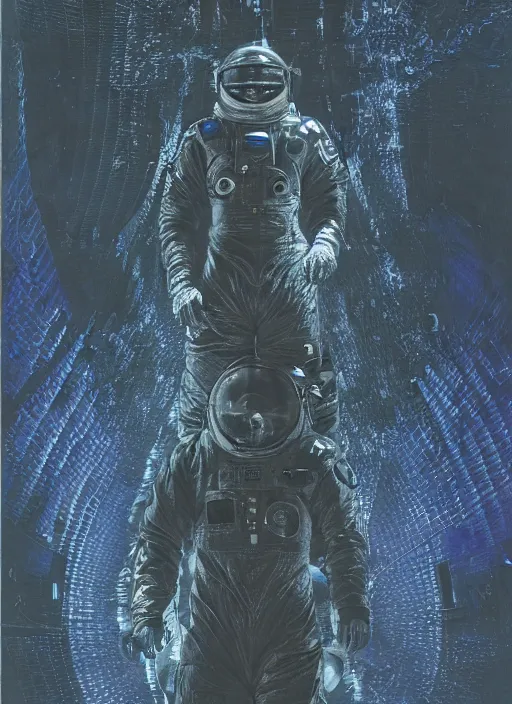 Image similar to astronauts in dark and empty void underwater - complex and hyperdetailed technical suit. reflection and dispersion materials. rays and dispersion of light. volumetric light. 5 0 mm, f / 3 2. noise film photo. flash photography. ultra realistic, wide angle. poster by wayne barlowe, hajime sorayama aaron horkey, craig mullins