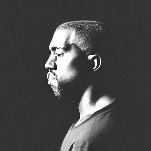 Image similar to a ( ( ( ( ( ( ( ( ( chiaroscuro lighting portrait ) ) ) ) ) ) ) ) ) ) of kanye west ( ( ( ( ( ( dressed as rick owens ) ) ) ) ) ), black background, portrait by julia margaret cameron, shallow depth of field, 8 0 mm, f 1. 8