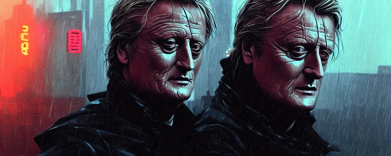 Image similar to duotone tech noir concept illustration 3 / 4 portrait of rutger hauer as roy baty in blade runner on rooftop in rain. cinematic volumentric lighting. accidental renaissance. by sachin teng and sergey kolesov and ruan jia and heng z. graffiti art, scifi, fantasy, hyper detailed. octane render. concept art. trending on artstation