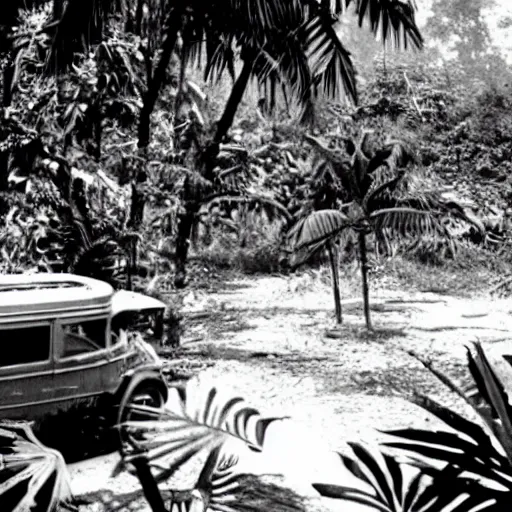 Prompt: a rizom lost film footage of a ( ( ( ( ( ( ( ( object ) ) ) ) ) ) ) ) in the middle of the tropical jungle / tropicalism / tropicalism / tropicalism / film still / cinematic / enhanced / 1 9 2 0 s / black and white / grain