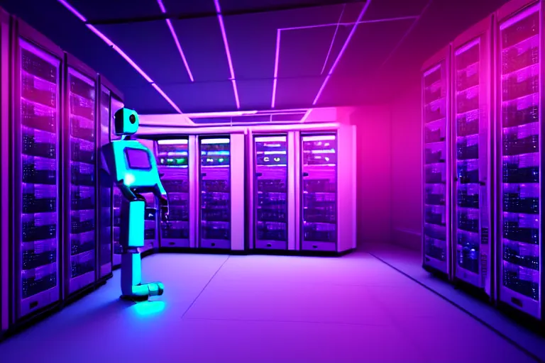 Prompt: realistic robot in a data server room, cyberpunk neon and dark, purple and blue color scheme, by beeple and malevich