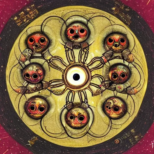 Image similar to beings made out of interlocking gold wheels with each wheel’s exterior covered with multiple eyes. They move by floating themselves in the sky