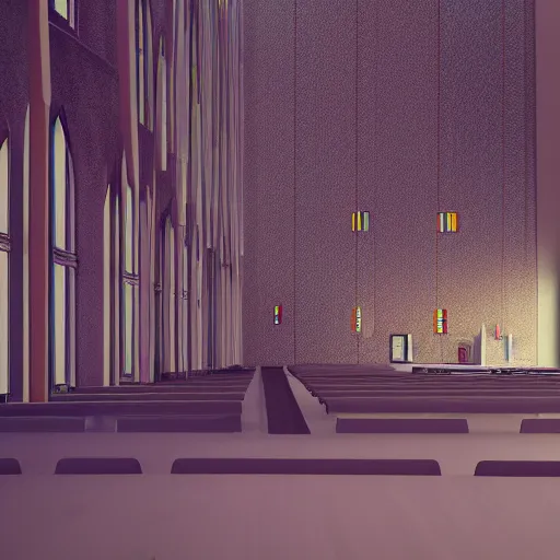 Prompt: the interior of a church designed by eero saarinen and wassily kandinsky, colorful, octane render, hyper realistic — height 3 8 4