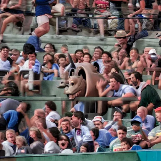Prompt: a hippopotamus rampaging through sports crowd.