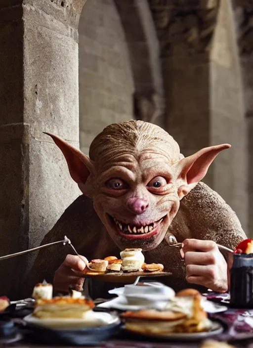 Image similar to closeup portrait of a medieval goblin eating cakes in the cloisters, depth of field, zeiss lens, detailed, symmetrical, centered, fashion photoshoot, by Annie Leibovitz and Steve McCurry, David Lazar, Jimmy Nelsson, Breathtaking, 8k resolution, extremely detailed, beautiful, establishing shot, artistic, hyperrealistic, beautiful face, octane render