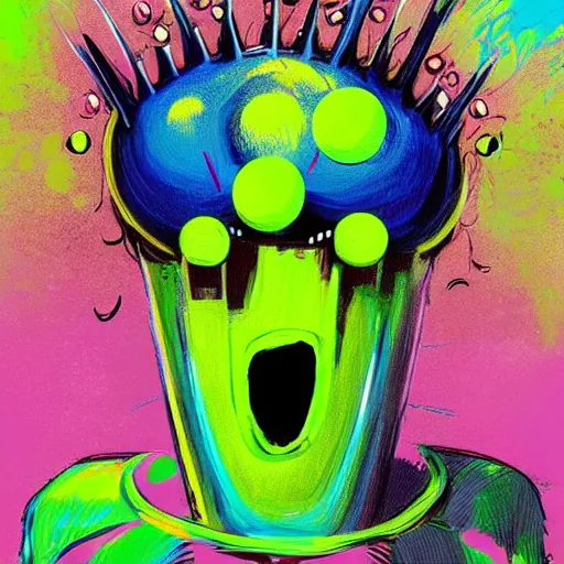 Image similar to a tennis ball monster ,tennis ball, tennis racket, colorful, digital art, fantasy, magic, trending on artstation, ultra detailed, professional illustration by Basil Gogos