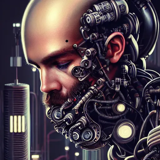 Prompt: ultra realist intricate detailed pin - up painting of a single rugged cyborg male, bearded face and cyborg tech on body and legs, symmetry accurate features, cyberpunk, industrial, apocalyptic, very intricate details, focus, high resolution, 8 k resolution, dramatic lighting, artstyle hiraku tanaka, award winning