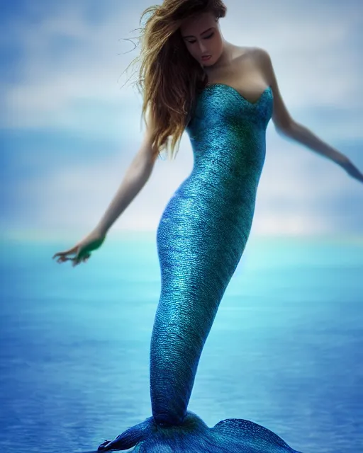 Image similar to hyper realistic fashion photography of a beautiful mermaid with a beautiful blue tail