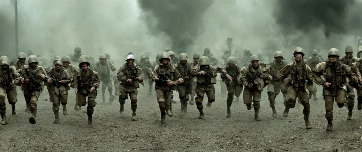 Prompt: filmic wide shot dutch angle movie still 4k UHD interior 35mm film color photograph of a dozen frightened frantic soldiers running toward the camera in terror, in the style of a 1980s horror film