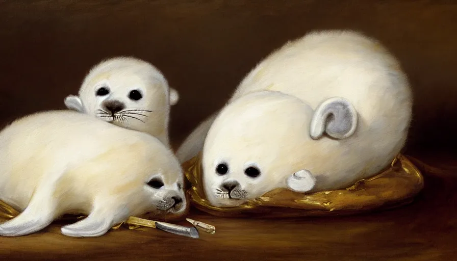 Image similar to highly detailed painting of cute furry white baby seals cuddling up in a big pile of whippy ice cream by william turner, thick brush strokes and visible paint layers, 4 k resolution