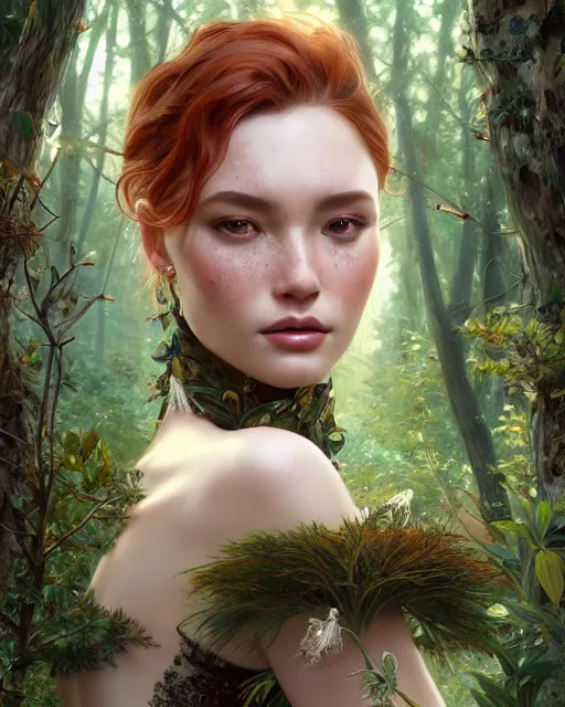 Image similar to beautiful digital painting of a stylish eurasian crystal socialite forest with high detail, real life skin, freckles, 8 k, stunning detail, works by artgerm, greg rutkowski and alphonse mucha, unreal engine 5, 4 k uhd