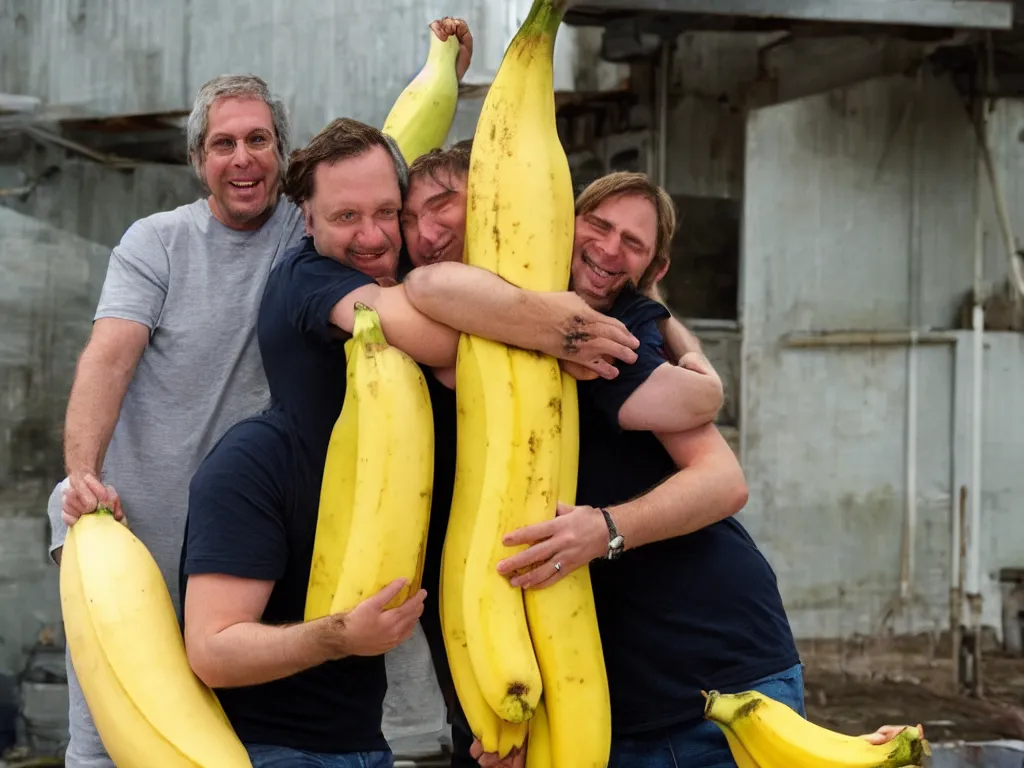 Prompt: a photograph of michael balzary hugging a big banana