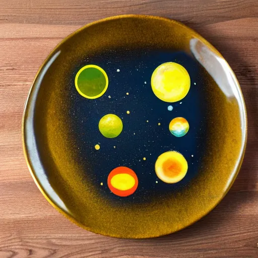 Prompt: Olive oil and vinegar drizzled on a plate in the shape of the solar system