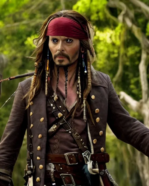 Image similar to David Tennant in the role of captain jack sparrow, film still, amazing short, 8K, IMAX, ultra detailed